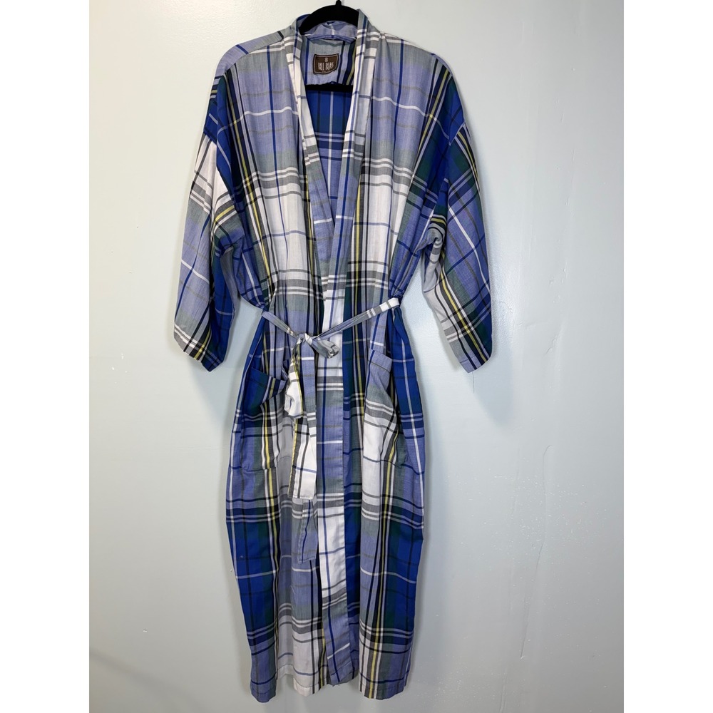 VTG Bill Blass Mens Blue Plaid Cotton Blend Lightweight Robe One Size Loungewear